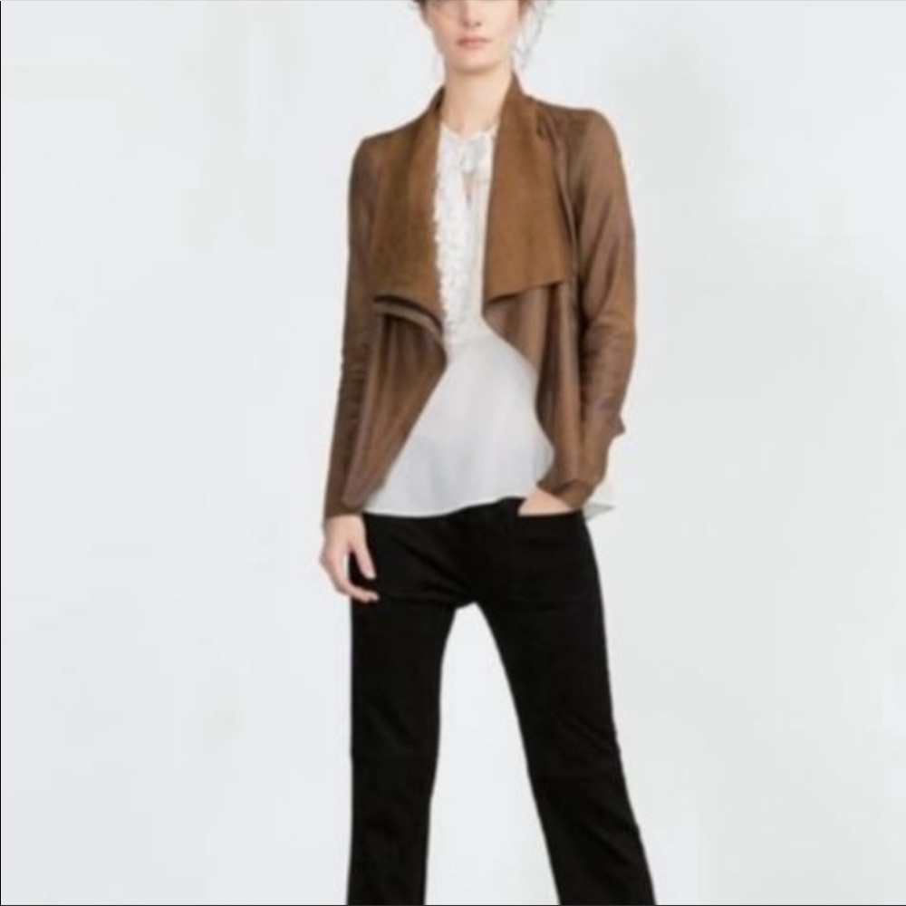 ZARA Faux Suede Front Drape Leather Tan Jacket